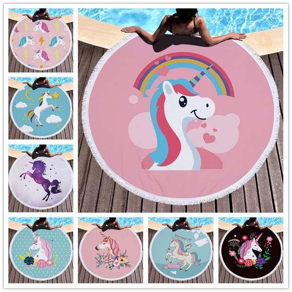 Unicorns Tassels Beach Towel 150*150cm Round Beach Towels Summer Swimming Bath Towels cartoon Shawl Yoga Mat 16 colors baby Blanket