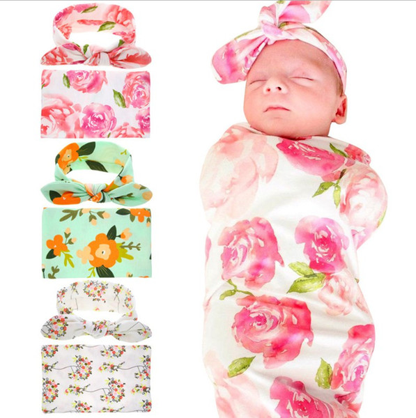 Infant rabbit ear suit wrapped blankets with floral printed headbands sleeping wrapped towels cloth for kids