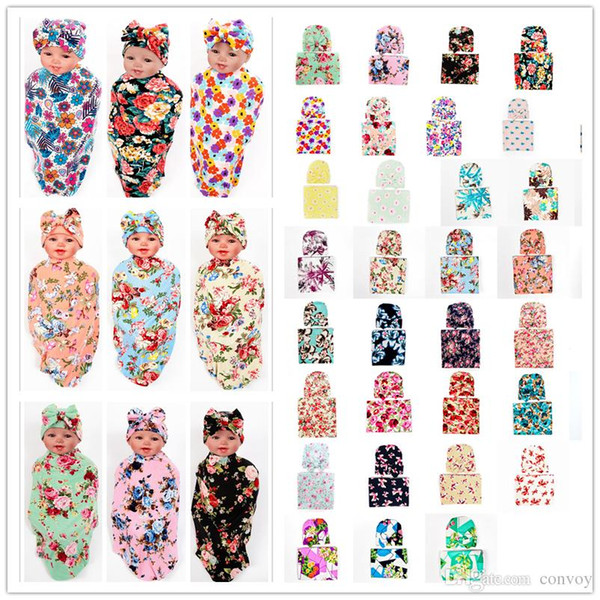 Free DHL Newborn Baby Swaddle Blanket with Bow Hat Cap Girls Infant flower print Swaddling Robes Soft Cotton Wrap Cloth 38 Colors BHBZ03