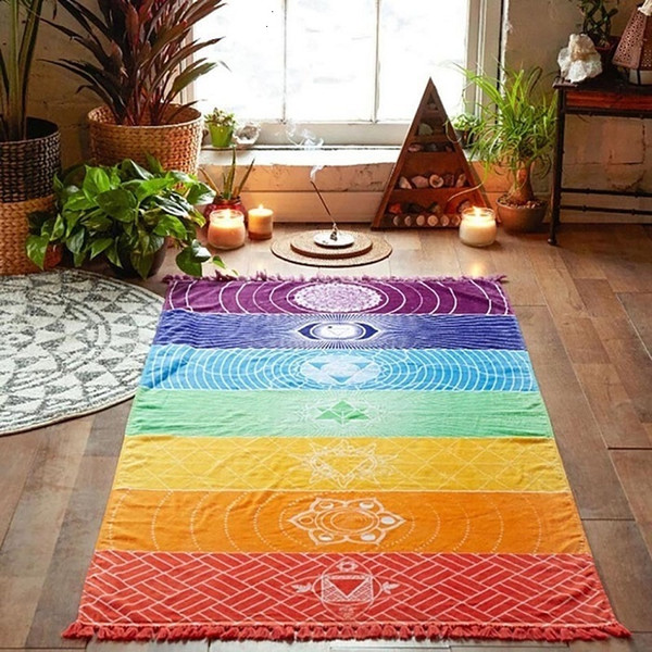60pcs Rainbow Beach Towel 150*70cm Tapestry Boho Polyester Beach Throw with Tassel Rectangle Yoga Mat Wall Hanging Large Shawls