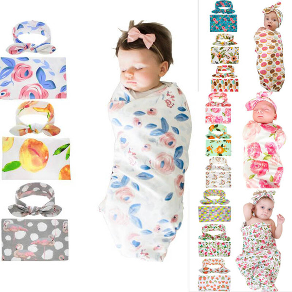 Kids Muslin Swaddles Ins Wraps Blankets Nursery Bedding Newborn Organic Cotton Ins Floral Print Swaddle + Headband Two Piece Sets B11