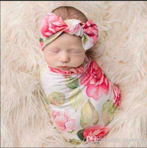 Newborn Baby Swaddling Blankets with Bunny Ear Headbands Baby Floral Swaddle Wrap Blanket Hairbands Baby Cotton wrap cloth Set BHB64