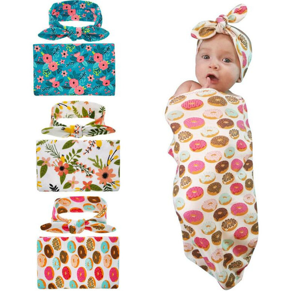 Fairyshm Newborn Baby Swaddling Blankets with Bunny Ear Headbands Baby Floral Swaddle Wrap Blanket Hairbands Baby wrap cloth Set MY0150