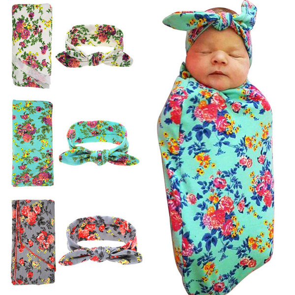Newborn Blanket Infant Baby Flower Swaddle Wrap Blanket Blanket Towelling + Baby Rabbit Ear Headbands Outfits 2pcs/set 12 Colors