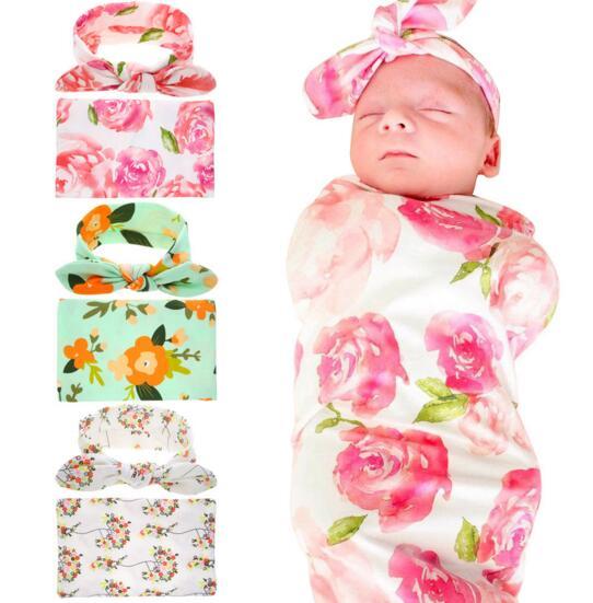 min 3 sets Kids Muslin Swaddles Ins Wraps Blankets Nursery Bedding Newborn Organic Cotton Ins Floral Print Swaddle + Headband two piece sets