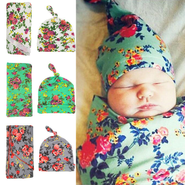 2017 Newborn Swaddle Blanket with Hat Baby Girls Floral Pattern Cotton Bedding Toweling Sleep Wrap Blanket 0-3M