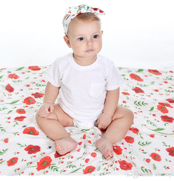 Newborn Baby Swaddling Blankets + Bunny Ear Headbands Set Baby Floral Swaddle 100% Cotton Towel Wrap Hairbands Bird FlowerlPrint BHB21