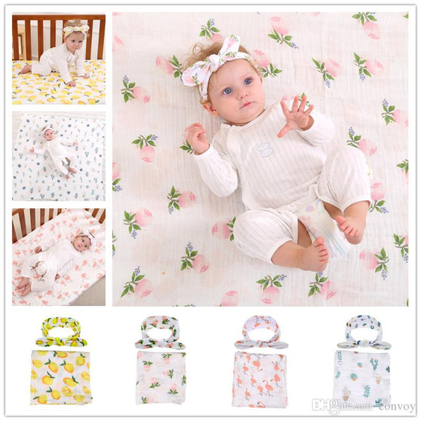 Newborn Baby Swaddling Blankets + Bunny Ear Headbands Set Baby Floral Swaddle 100% Cotton Towel Wrap Hairbands Bird Fruit Print BHB13