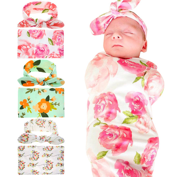 Newborn Baby Swaddling Blankets with Bunny Ear Headbands Baby Floral Swaddle Wrap Blanket Hairbands Baby Cotton wrap cloth Set BHB11