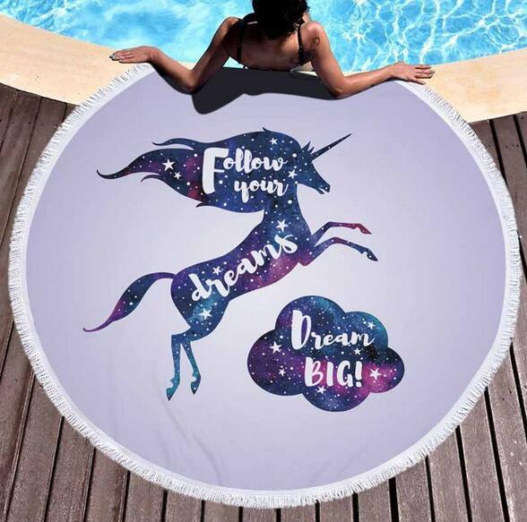 Diameter 150cm Tassel Wheat Unicorn Digital Printing Microfiber Circular Beach Towel Yoga Mat