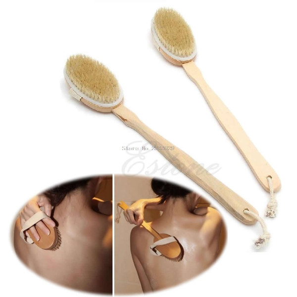 Natural Long Wood Wooden Body Brush Massager Shower Bath Back Spa Scrubber -B116