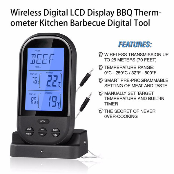 Multifunction Dual Probe Intelligent Wireless LCD Display Thermometer Picnic BBQ Thermometer Upgrades Waterproof Resistant High Temperature