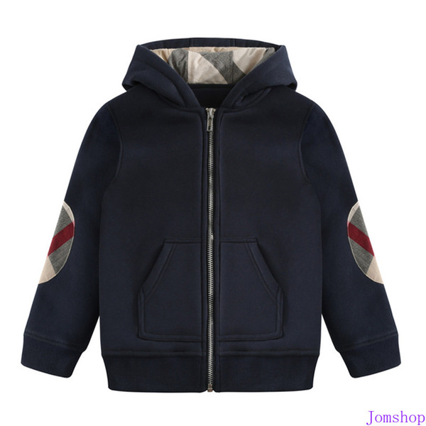 2020 Designer-New Autumn Winter New Cotton Boy Lapel Zipper Thick Warm Hooded Cotton Children's Plaid Hooded Navy Blue + Free(3-8T)
