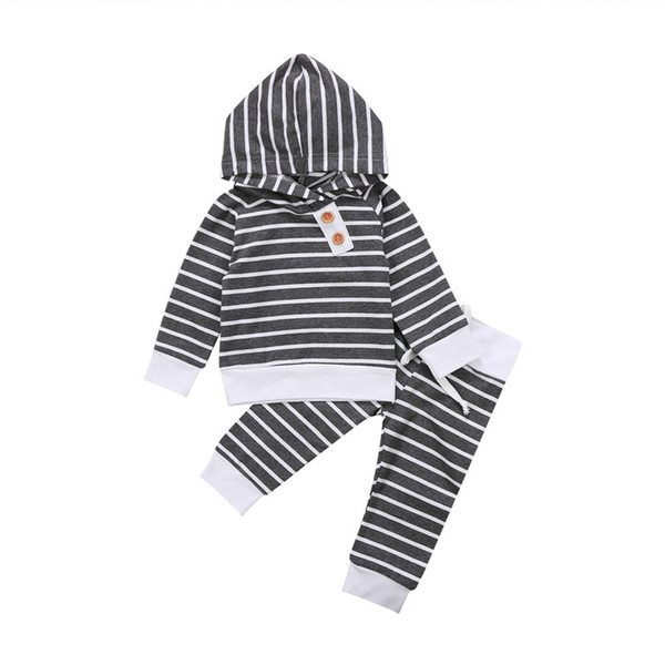 Autumn Spring Newborn Toddler Kids Baby Boys Girls Outfits Clothes Hooded Long Sleeve Sweatshirt Tops+Pants Striped 2PCS Set