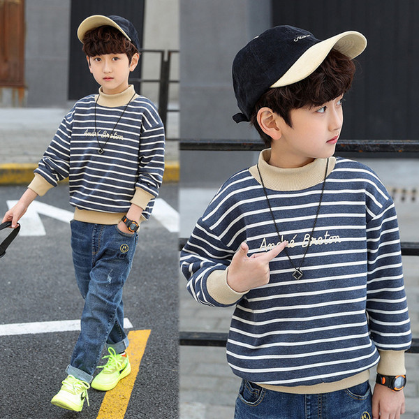 Plus Velvet Warm Boys Sweatshirt Striped Long Sleeve Fall Winter Kids Sweatshirts for Boys Letter Prints Children Pullovers Tops