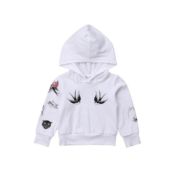 New Toddler Kids Baby Boys Swallow Print Hoodies Birds Long Sleeve Hooded Pullover White Cotton Tops Outfit