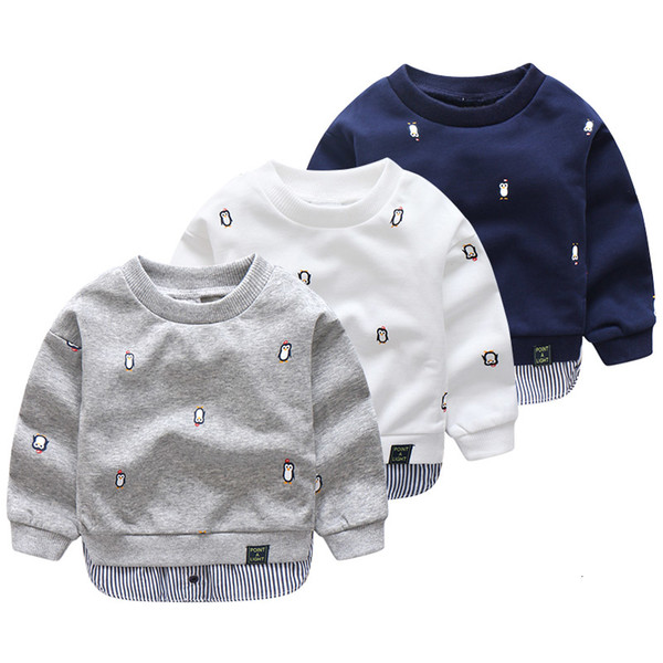 2018 Spring Autumn 2-10 Years Old Children Long Sleeve Cartoon Animal Print Patchwork Fake 2 Pcs Kids Basic Sweatshirt Baby Boy CJ191129