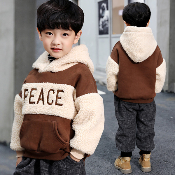 Boys 4-12 Y Long Sleeve Hooded Casual Top Hoodies Faux Cashmere Patchwork Embroidery Warm Fleece Spring Autumn Underwear Hoodies T191014