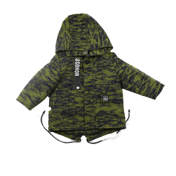 2019 winter cotton disruptive pattern fashion all-match casual long style coat with cap and snap for cute handsome baby boys
