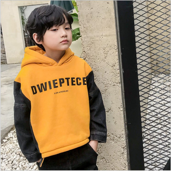 Children's clothing boy winter 2018 new denim stitching casual plus velvet sweater children's big children's shirt bottoming shirt
