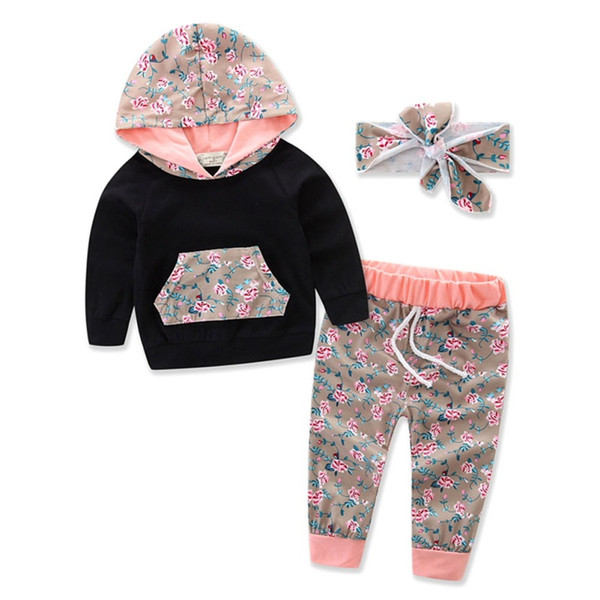3Pcs/Set Floral Printed Baby Girls Clothes Newborn Infant Hooded Sweatshirt Tops+Pants Outfits +Headband Kids Clothing Set