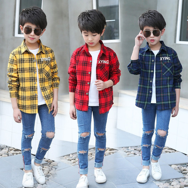 1B25090 Long Sleeve Teen Boys Shirts Yellow Red Green Plaid Top For Children Kids Teenage Clothes School Shirt For Boys