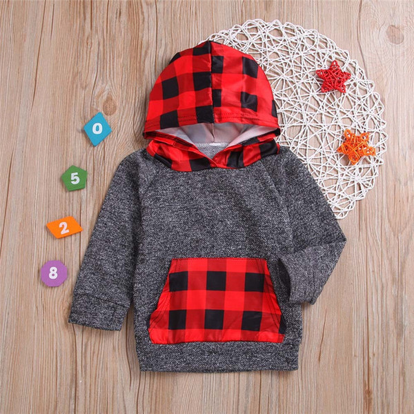 Kids Clothes Long Sleeve Boys Tops Children Kids Baby Girls Boys Plaid Pockets Hooded Tops Sweatshirt Clothes Baby Clothes N26