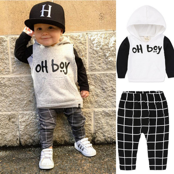 INS Autumn Baby Boys Long Sleeve Letter Printed Hoodies +Plaid Pants 2pcs Sets Kids Casual Outfits