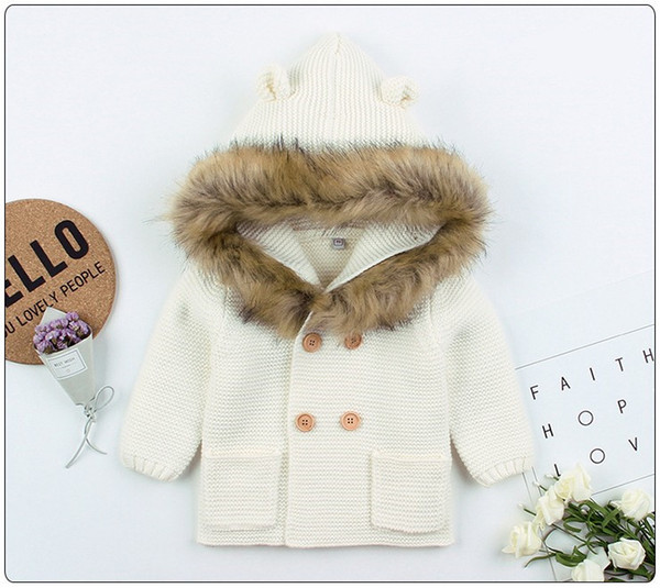 2019 New Arrivals Baby Boy's Hooded Fur Collar Jackets Infant Knitted Coats Toddler Clothes Outwear 70-80-90-100 4pcs/lot