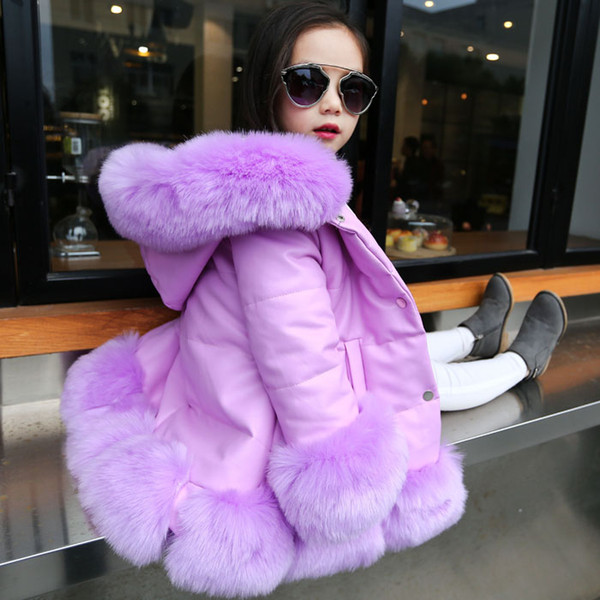 Kids girl's PU leather patchwork fox faux fur collar jacket coat down parkas thicken coat princess winter outerwear fur coat