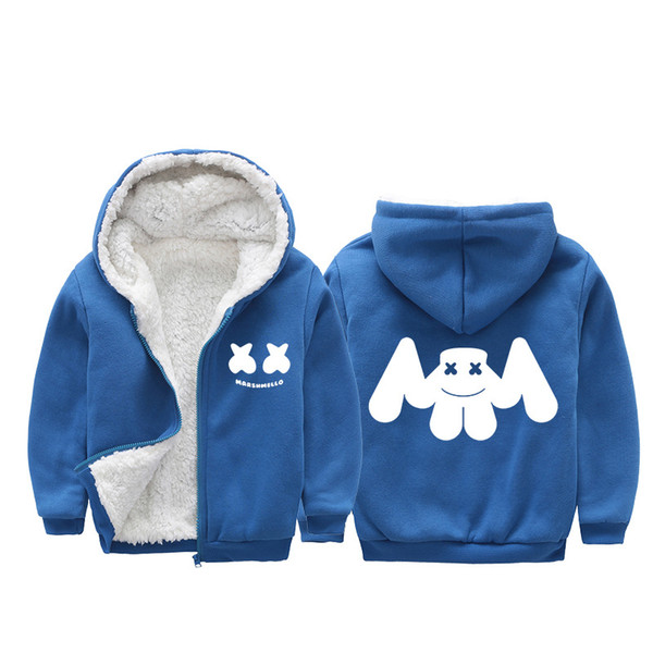 Marshmello Face Boys Jackets Thick Warm Hooded Tops 2019 Winter Clothing Furs Hoodies Blue Zipper Coat