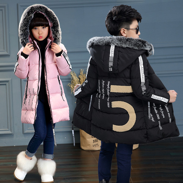Kids Long Parkas For Girls Fur Hooded Coat Winter Warm Down Jacket Children Outerwear Infants Thick Overcoat