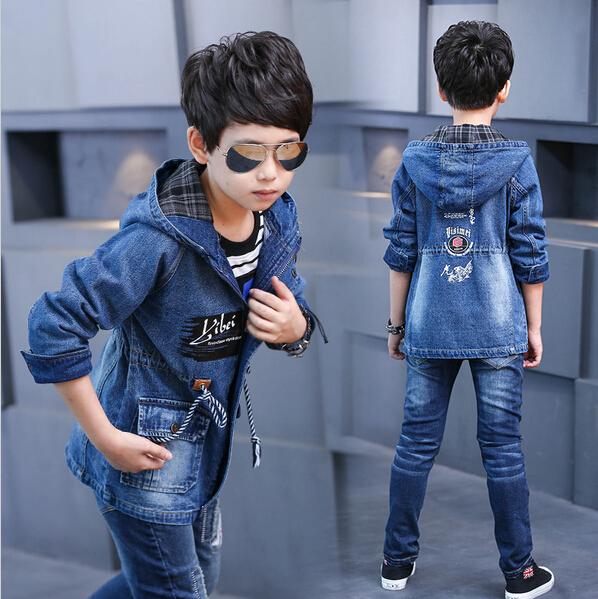 2017 Boy denim Jackets Fashion Hooded Denim Coats New Kids Trench Coat For Boys Long Jackets Autumn Children Clothing