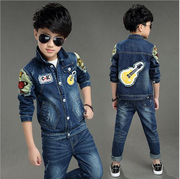 2018 spring and autumn boy cowboy suit children Korean violin butterfly printing sets of boys denim jacket+ pants 2PCS sets