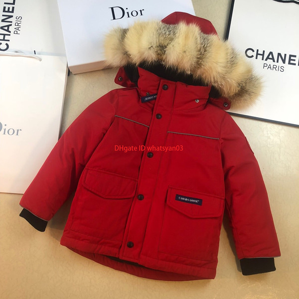 Boy down jacket children designer clothing casual fashion super wolf hair boy hooded jacket solid color simple fabric thick down jacket