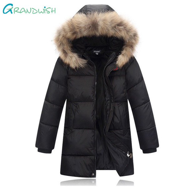 Grandwish Winter Boys Parkas Outerwear Children's Thicken Solid Fur Collar Hooded Coats Long Jacket Casual Clothing 4T-12T,TC135