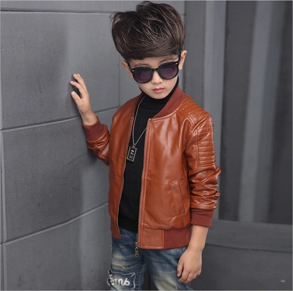 2018 Boys Pu Leather Jackets Big Boy Casual Coats Kids Zipper Outwear Black/Brown 100-160cm Retail