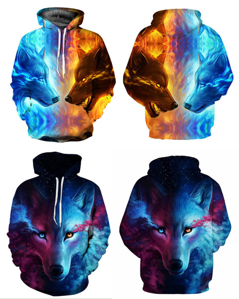 Europe and the United States Explosion Models Ice Fire Wolf Leisure Printing Hoodie Loose Hooded Sweater Men's Clothing