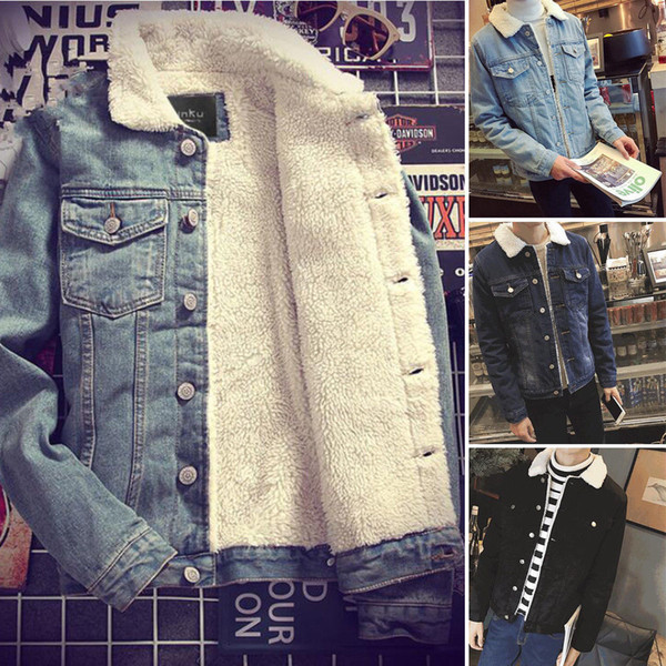 Mens Western Vintage Fleece Jacket Fur Lining Coat Jean Denim Single Breasted New