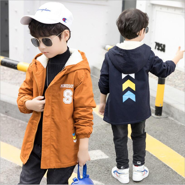 Boy autumn winter coats Children's fashion letters plus velvet hooded windbreaker Kids baby warm casual clothes