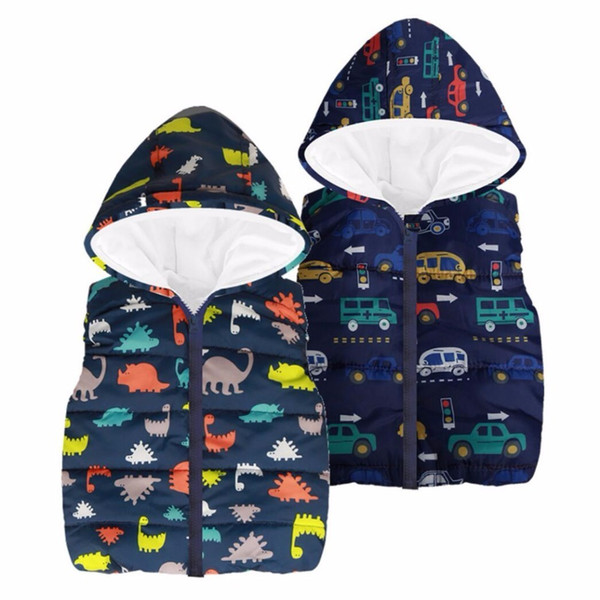 2019 Autumn boys Waistcoats Fashion Cartoon Floral Printed Vests Thick Hooded Jackets For Baby boy Kids Warm Outerwear&Coats