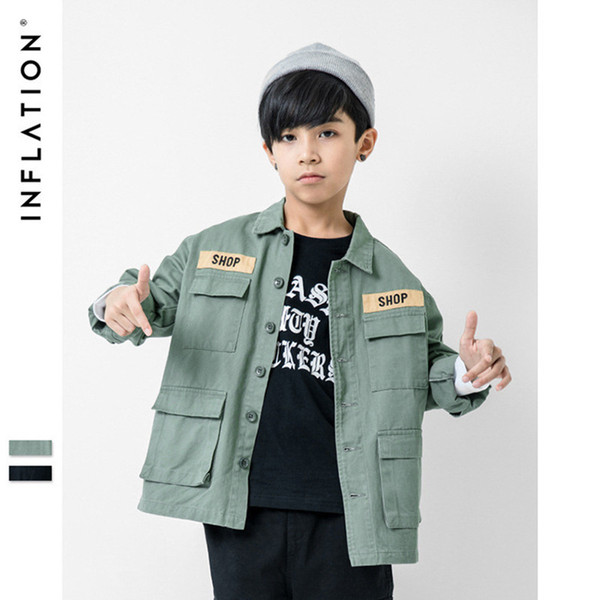 Retail Wholesale Children's New Fashion Sticker Embroidery Multi-bag Japanese Style Work Clothes Loose Coat For Boy AW261