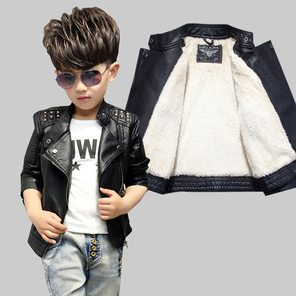 kids winter jacket Add cashmere pure black leather coat 2017 autumn and winter children's leather jackets rivet lapel baby shirt
