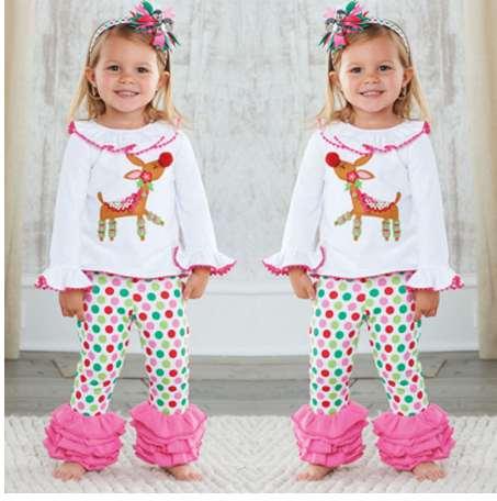 Girls Cartoon Pajama Sets Children Christmas Sleepwear Clothing Cotton Deer Tops Ruffles Pants Trousers 2PCS Sleepwear Outfit