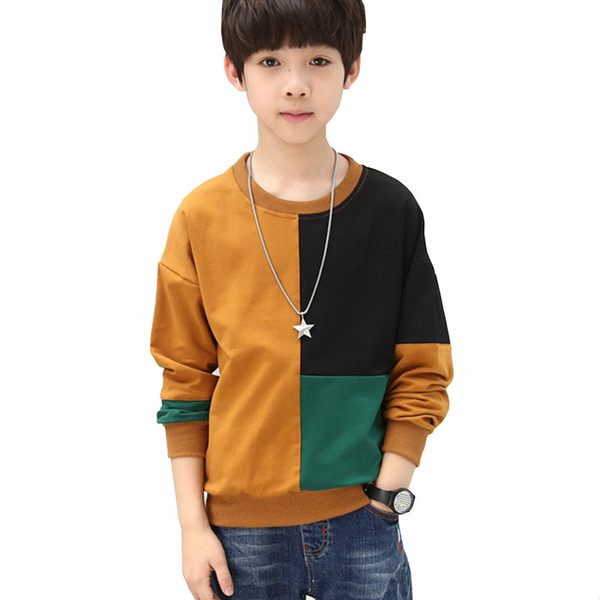 New boys long sleeve basic t shirt Children autumn patchwork Cotton tops tee big kids Casual clothes for 4 6 8 10 12 14 years T200225
