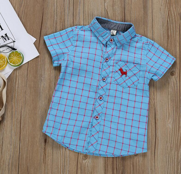 Children Boy Cotton Short Sleeve Shirt Summer Plaid Cartoon Puppy Printed Tops Tees Shirts Casual Blouse