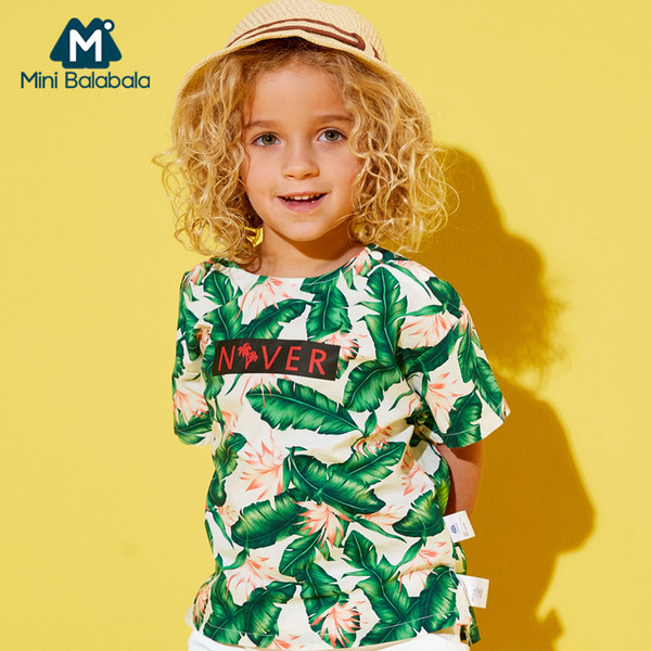 Mini Balabala Toddler Boy 100% Cotton Tropical Short-sleeved T-shirt Children Kid Ribbed Crewneck Tee Open Shoulder Slit at Side T200225