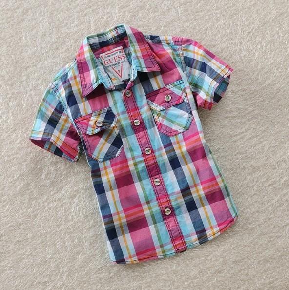 3 -7 year Brand Baby Boys shirt letter printing grid short sleeves shirt tops kids Summer plaid shirt pure cotton new Children's clothes