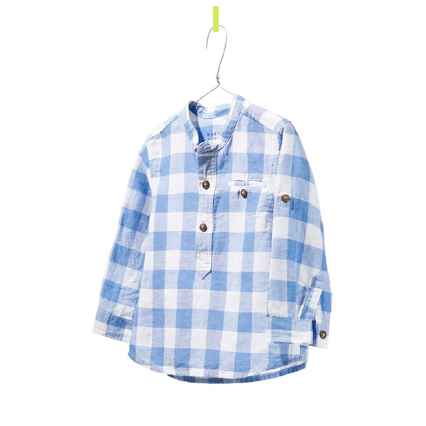 2 -10 year Brand Baby Boys stand collar long sleeves shirt kids autumn Blue grid shirt pure cotton Children's clothes