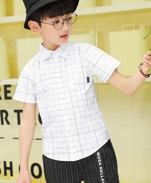 2019 New Summer fashion children Simple lattice V collar Short sleeve T-shirt Cardigan students boy clothes Autumn coat
